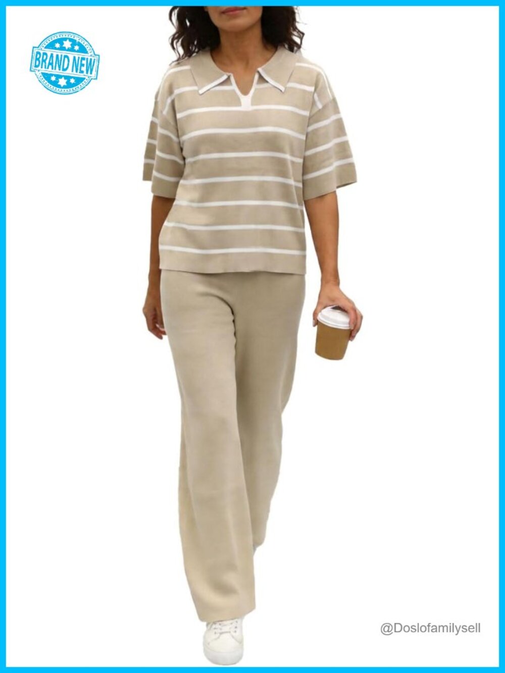2-Piece Knit Lounge Set with V-Neck Wide Leg Pants